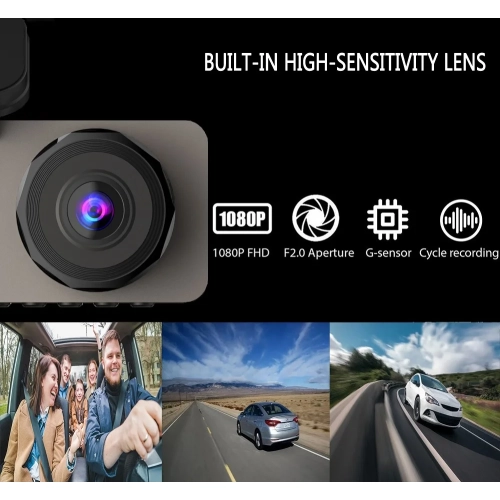 Caméra de tableau de bord à trois objectifs avec vue HD 1080p avant, arrière et intérieure de la voiture, avec enregistrement d'image en marche