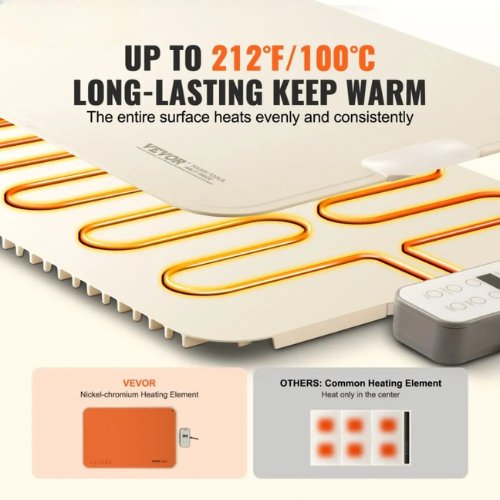 VEVOR YD-302C-Z-40+60G-A Electric Warming Tray, 23.6" × 15.7" Rollable Food Warming Mat with Touch Temp Control, Timer & Child Lock, Beige