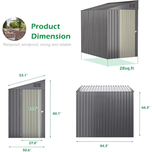 AECOJOY 4' x 7' Outdoor Lean to Storage Sheds & Outdoor Storage, Small Metal Wall Side Shed for Garden, Dark Grey