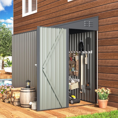 AECOJOY 4' x 7' Outdoor Lean to Storage Sheds & Outdoor Storage, Small Metal Wall Side Shed for Garden, Grey