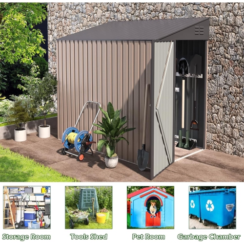 AECOJOY 4' x 7' Outdoor Lean to Storage Sheds & Outdoor Storage, Small Metal Wall Side Shed for Garden, Grey
