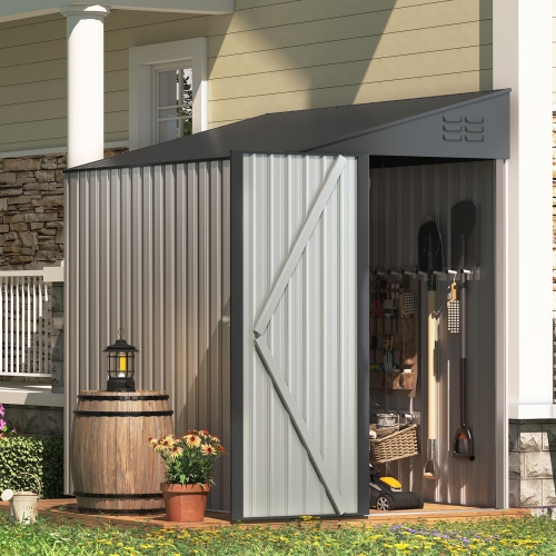 AECOJOY 4' x 7' Outdoor Lean to Storage Sheds & Outdoor Storage, Small Metal Wall Side Shed for Garden, Grey