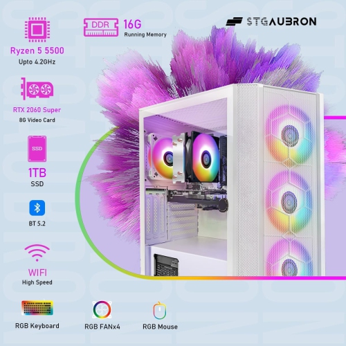 STGAubron Gaming PC Computer Desktop, AMD Ryzen 5 5500G up to 4.2G, GeForce RTX 2060 Super 8G, 16G DDR4, 1T SSD, WIN11H