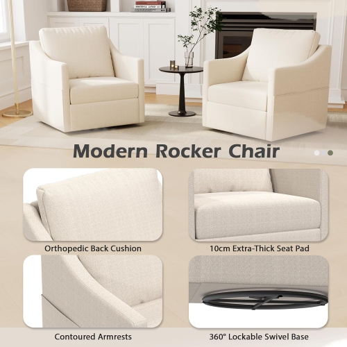 AECOJOY Swivel Armchair, Fabric Accent Chair Nursery Rocking Chairs, 360° Rotating Metal Base for Living Room, Beige
