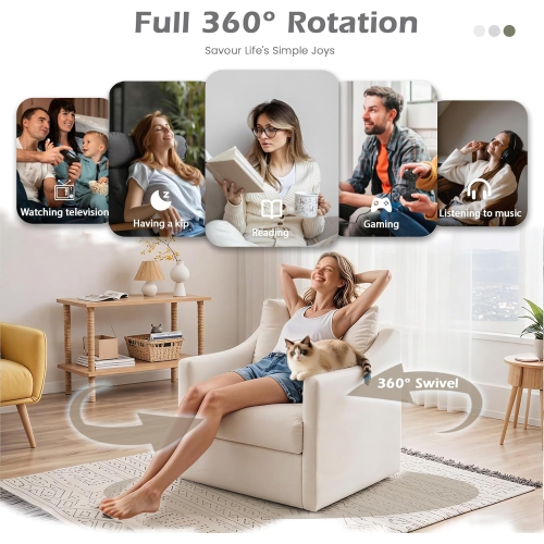 AECOJOY Swivel Armchair, Fabric Accent Chair Nursery Rocking Chairs, 360° Rotating Metal Base for Living Room, Beige