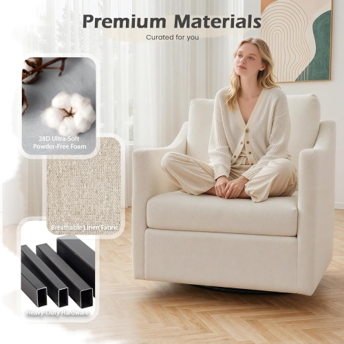 AECOJOY Swivel Armchair, Fabric Accent Chair Nursery Rocking Chairs, 360° Rotating Metal Base for Living Room, Beige