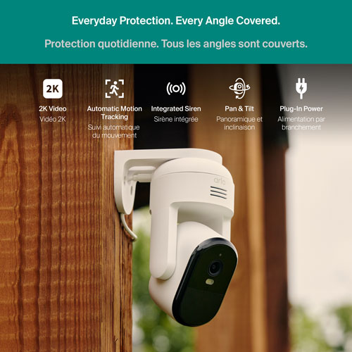 Arlo Essential Wired Plug-In Pan Tilt Outdoor 2K Security Camera - White