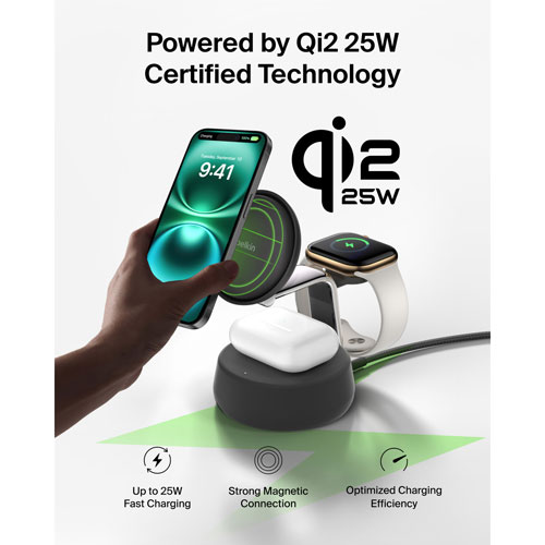 Belkin 3-in-1 25W Qi2 Wireless Charging Stand - Grey