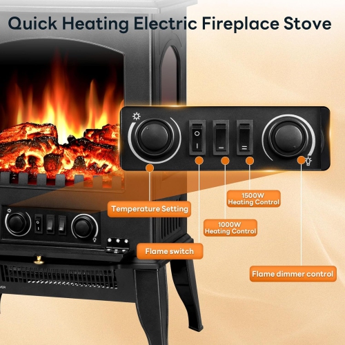 ZAFRO Electric Fireplace Stove, 5100 BTU Quick Heating Electric Fireplace Heater with Adjustable Flame Brightness, 1000W/1500W Thermostat, for Living