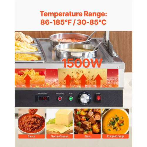 VEVOR SKT1/3*9-H Commercial Soup Warmer Station, 2 × 6.34 Qt Pots & 6 × 1/3 Pans with Splash Guard, 1500W Stainless Steel Bain Marie, Adjustable Temp