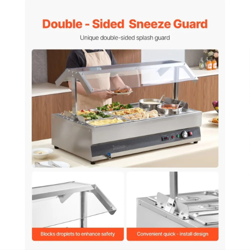 VEVOR SKT1/3*9-H Commercial Soup Warmer Station, 2 × 6.34 Qt Pots & 6 × 1/3 Pans with Splash Guard, 1500W Stainless Steel Bain Marie, Adjustable Temp