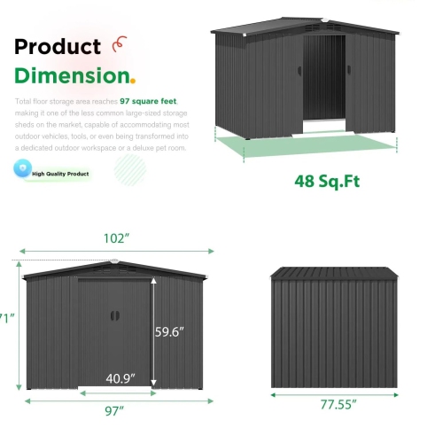 Remise extérieure AECOJOY, 6 x 8 pi, avec porte coulissante, armoire à outils pour l'extérieur, remises en métal pour le jardin