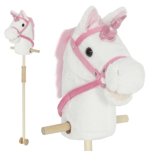 QABA  Unicorn Stick Horse, Plush Handcrafted Hobby Horse With Wood Wheels, Real Pony Neighing And Galloping Sounds, for Kids, Toddlers Pretend Play