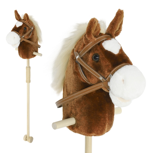 QABA  Stick Horse, Plush Handcrafted Hobby Horse With Wood Wheels, Real Pony Neighing And Galloping Sounds, for Kids, Toddlers Pretend Play In Brown