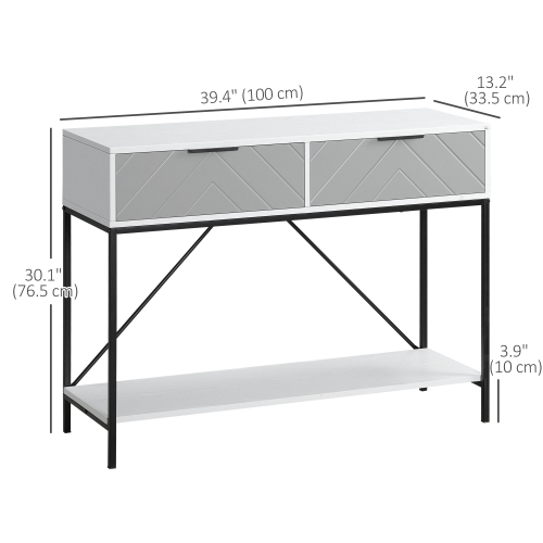 HOMCOM – Table console moderne à 2 tiroirs, table d'entrée à 2 niveaux avec tablette de rangement, table de canapé étroite pour salon, corridor, blanc