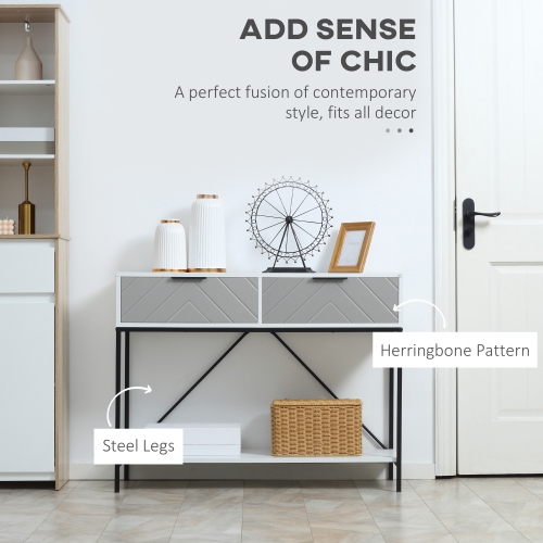 HOMCOM – Table console moderne à 2 tiroirs, table d'entrée à 2 niveaux avec tablette de rangement, table de canapé étroite pour salon, corridor, blanc