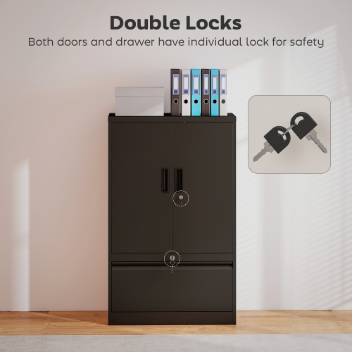 HOMCOM Metal Storage Cabinet with Locks, Lateral Filing Cabinet, Garage Cabinet with Adjustable Shelf and File Drawer for A4/Letter/Legal/F4 Size