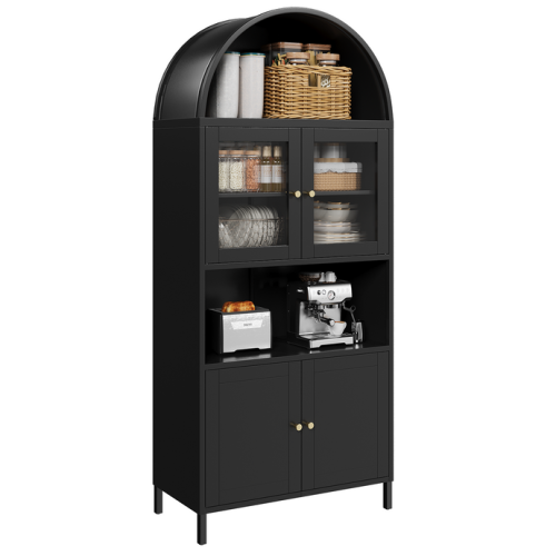 AECOJOY 73'' Arched Metal Bookshelf Display Cabinet, Modern Kitchen Pantry with Glass Door & Adjustable Shelves