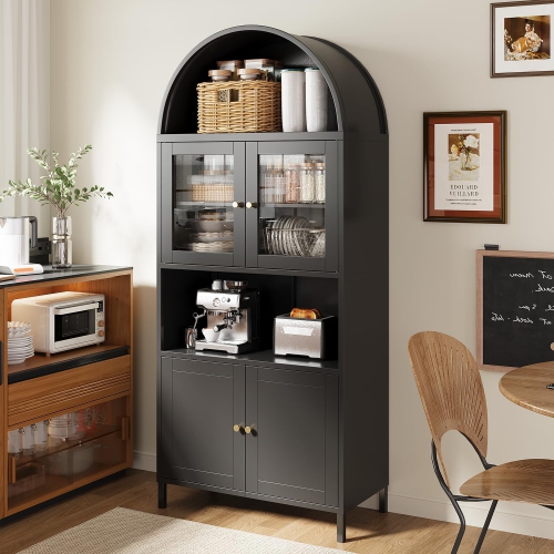 AECOJOY 73'' Arched Metal Bookshelf Display Cabinet, Modern Kitchen Pantry with Glass Door & Adjustable Shelves