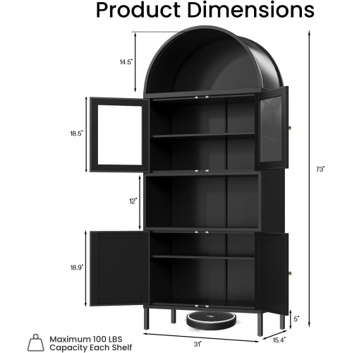 AECOJOY 73'' Arched Metal Bookshelf Display Cabinet, Modern Kitchen Pantry with Glass Door & Adjustable Shelves