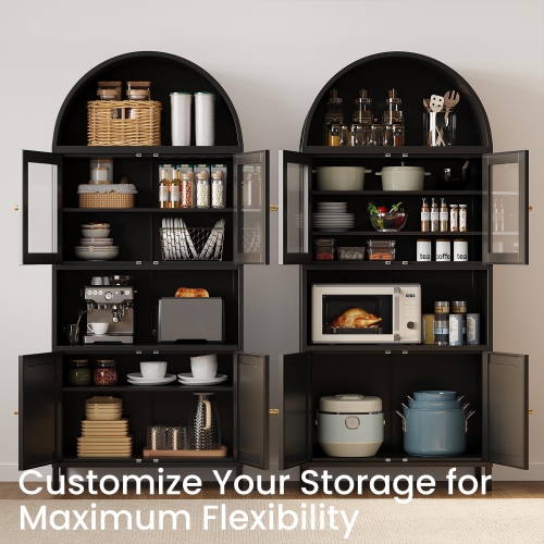 AECOJOY 73'' Arched Metal Bookshelf Display Cabinet, Modern Kitchen Pantry with Glass Door & Adjustable Shelves