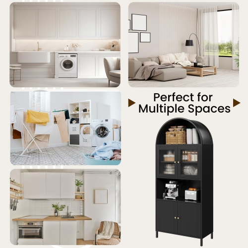 AECOJOY 73'' Arched Metal Bookshelf Display Cabinet, Modern Kitchen Pantry with Glass Door & Adjustable Shelves