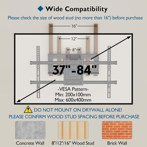 BONTEC Full Motion TV Wall Mount for 37-84 Inch Flat Curved TVs, Swivel Tilt Articulating Dual Arm TV Mount Bracket Holds up to 132lbs, Max VESA