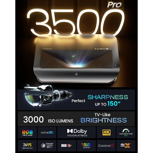 Refurbished-AWOL Vision LTV-3500 Pro 4K Smart UHD 3D Triple Laser Ultra Short Throw Projector with HDR10+, Dolby Vision & Atmos