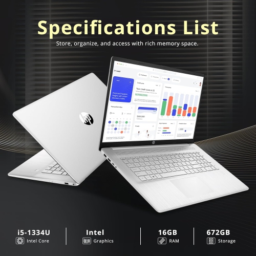 HP 17.3" FHD IPS Laptop, Intel i5-1334U, 672GB Storage, 16GB RAM,Iris Xe Graphics, Backlit Keyboard, Fingerprint, Wi-Fi 6, Win 11 Pro, Silver