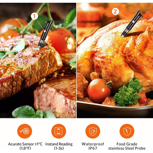 Smart Meat Thermometer | Wireless Food Thermometer | 195-foot Wireless Remote Control | With 2 Meat Probes | Suitable for Ovens, Grills, BBQs,