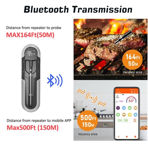 Wireless Grill Thermometer with Bluetooth, 152m Range - with Sensor and Alarm, IP66 Waterproof - for Oven, Grill, Smoker and Air Fryer