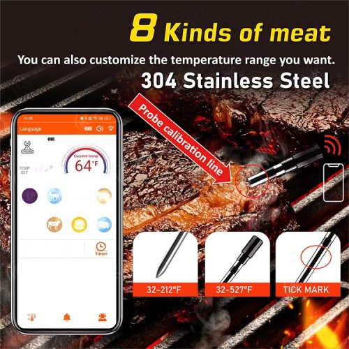 Wireless Grill Thermometer with Bluetooth, 152m Range - with Sensor and Alarm, IP66 Waterproof - for Oven, Grill, Smoker and Air Fryer