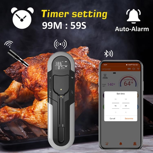Wireless Grill Thermometer with Bluetooth, 152m Range - with Sensor and Alarm, IP66 Waterproof - for Oven, Grill, Smoker and Air Fryer