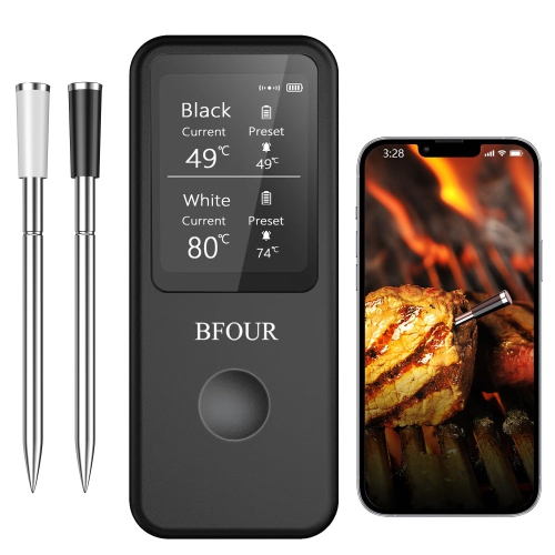 Wireless Meat Thermometer with 2 Wireless Bluetooth BBQ Thermometers, 2.4 Inch Screen, Waterproof Wireless Cooking Thermometer for BBQ, Oven