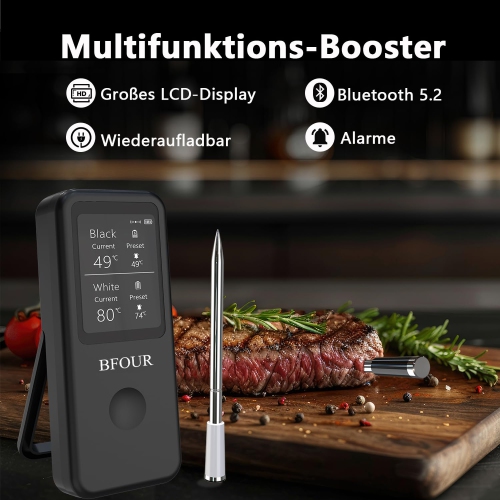 Wireless Meat Thermometer with 2 Wireless Bluetooth BBQ Thermometers, 2.4 Inch Screen, Waterproof Wireless Cooking Thermometer for BBQ, Oven