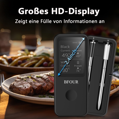 Wireless Meat Thermometer with 2 Wireless Bluetooth BBQ Thermometers, 2.4 Inch Screen, Waterproof Wireless Cooking Thermometer for BBQ, Oven