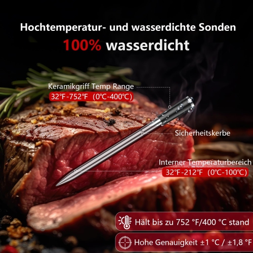 Wireless Meat Thermometer with 2 Wireless Bluetooth BBQ Thermometers, 2.4 Inch Screen, Waterproof Wireless Cooking Thermometer for BBQ, Oven