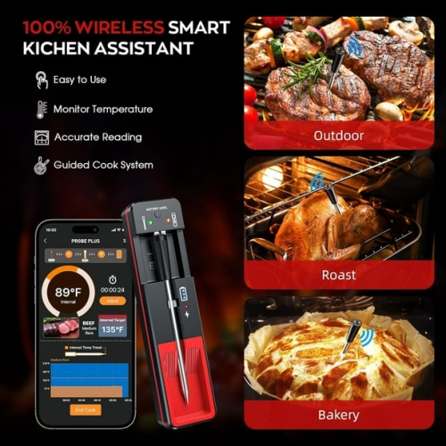 Bluetooth 5.2 Wireless Meat Thermometer with Fast Charging and IPX7 Waterproofing - Smart App Alerts for Grilling, Smoking, Oven, and Sous Vide