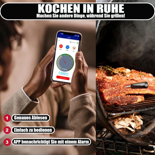 Wireless Meat Thermometer, 150m Wireless Bluetooth Digital Thermometer with LCD Thermometer, Smart for BBQ Oven Grill App Control