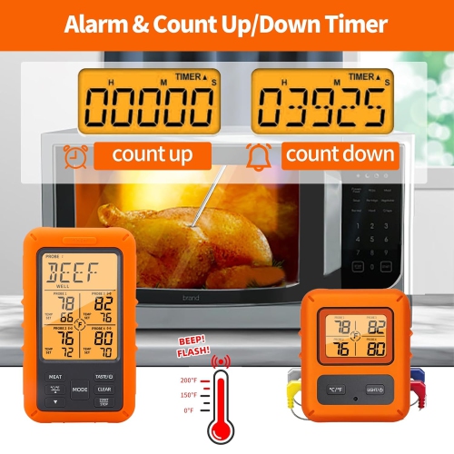 Thermomètre à viande sans fil avec 4 sondes à viande, thermomètre de cuisson à distance avec calibrage d'alarme et minuterie, 500 pi, pour barbecue