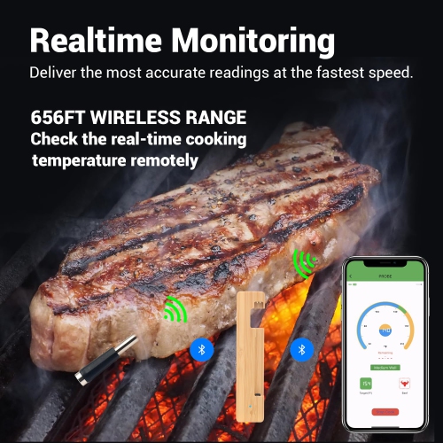 Wireless Meat Thermometer Digital, Long Range Bluetooth 5.2 with App Control, IP68 Waterproof, Fast Charging and IC Smart Food Thermometer for Oven