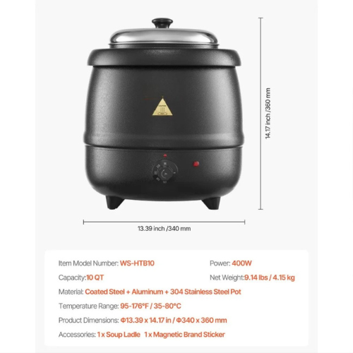 Réchaud à soupe commercial VEVOR WS-HTB10, bouilloire à soupe électrique 10 Qt avec commande de température réglable, chauffe-plats en acier