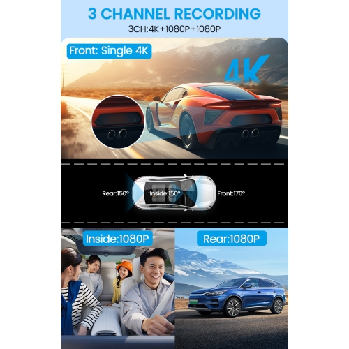 4K triple-recording dashcam: front, rear, and interior camera monitoring | WiFi connectivity | parking monitoring | infrared night vision | reverse