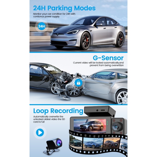 4K Triple-Record Dash Cam: Front, Interior, and Rear Camera Monitoring | WiFi Connection | Parking Monitoring | Infrared Night Vision | GPS