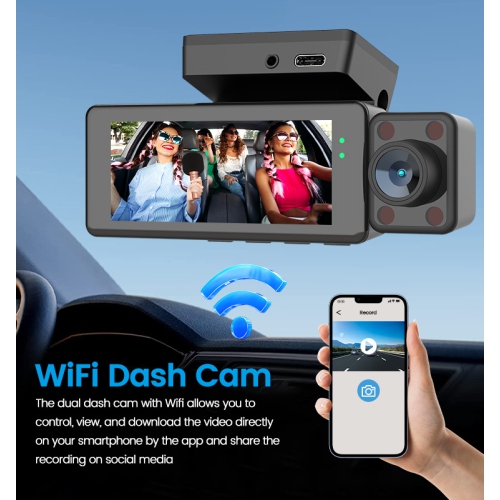4K Triple-Record Dash Cam: Front, Interior, and Rear Camera Monitoring | WiFi Connection | Parking Monitoring | Infrared Night Vision | GPS