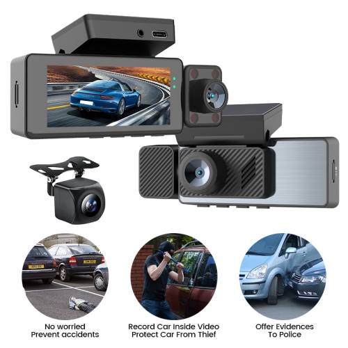 4K triple-recording dashcam: front, rear, and interior camera monitoring | WiFi connectivity | parking monitoring | infrared night vision | reverse