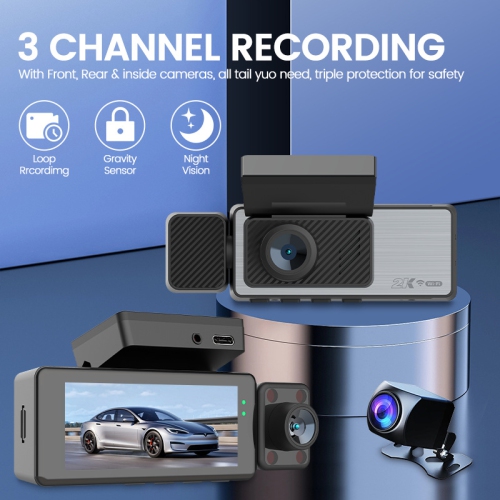 4K triple-recording dashcam: front, rear, and interior camera monitoring | WiFi connectivity | parking monitoring | infrared night vision | reverse