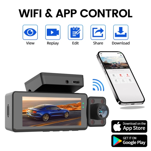 4K triple-recording dashcam: front, rear, and interior camera monitoring | WiFi connectivity | parking monitoring | infrared night vision | reverse