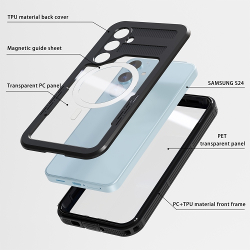 Suitable for Samsung S24 mobile phone case waterproof, non-slip and anti-drop fine hole full-cover protective cover magnetic suction - black