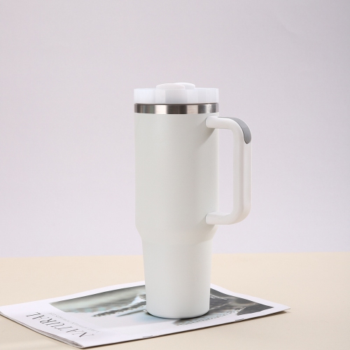 40oz Second Generation Ice Cup, 304 Stainless Steel Insulated Cup, Outdoor Car Cup with Handle, Large Capacity Straw Cup [Ice Cup] White